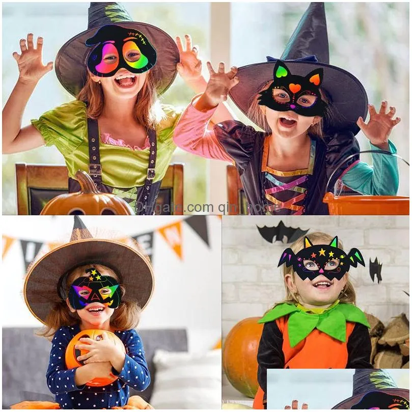party masks magic rainbow scratch painting mask cartoon pumpkin ghost bat spider childrens education toy halloween diy toys 230607