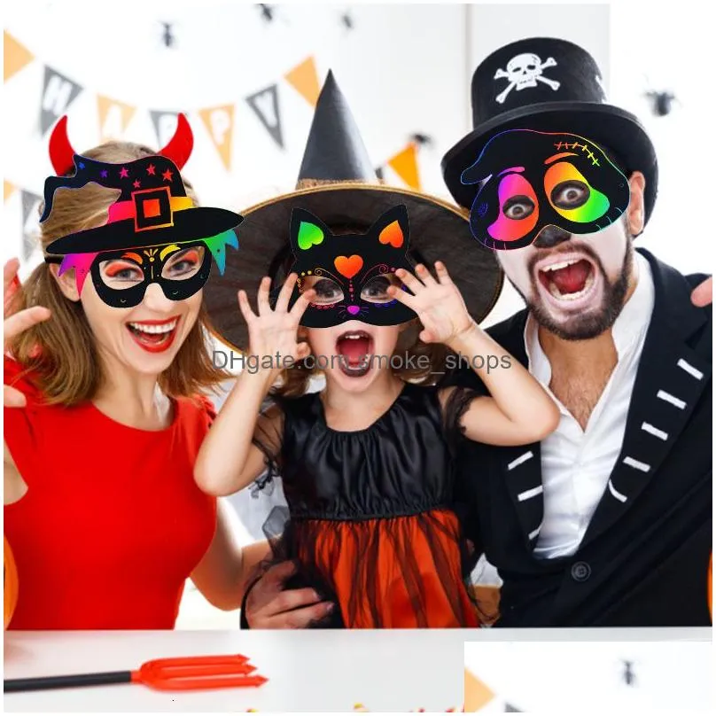 party masks magic rainbow scratch painting mask cartoon pumpkin ghost bat spider childrens education toy halloween diy toys 230607