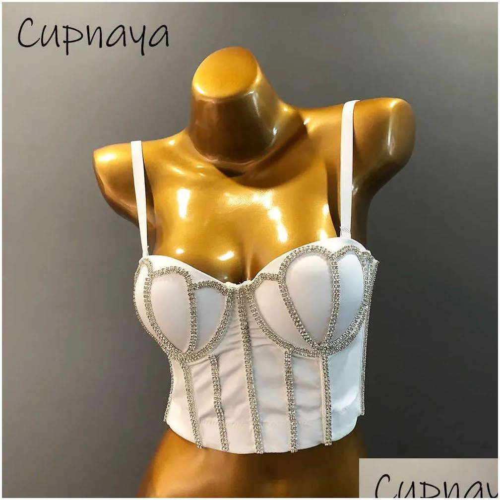 Cupnaya Handmade Women Glitter Diamante Crop Top Push-Up Bustier Clubwear Short Corset Bralette Inner Tube Vest Black White