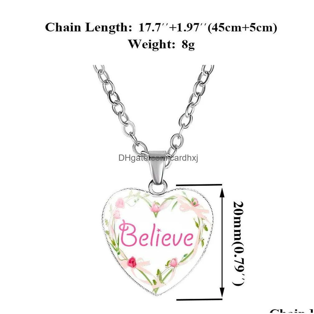 Pendant Necklaces New Inspirational Heart Shape For Women Love Hope Dream Believe Faith Letter Glass Chains Fashion Jewelry Drop Deliv Dhall