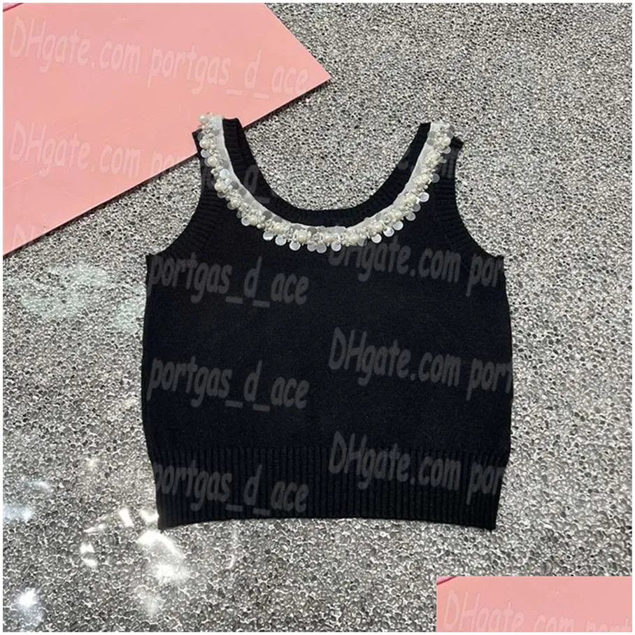 Luxury Designer Women Tanks Singlets Sexy Cropped Knitted Singlet Tops Rhinestone Neck Design Knits Top