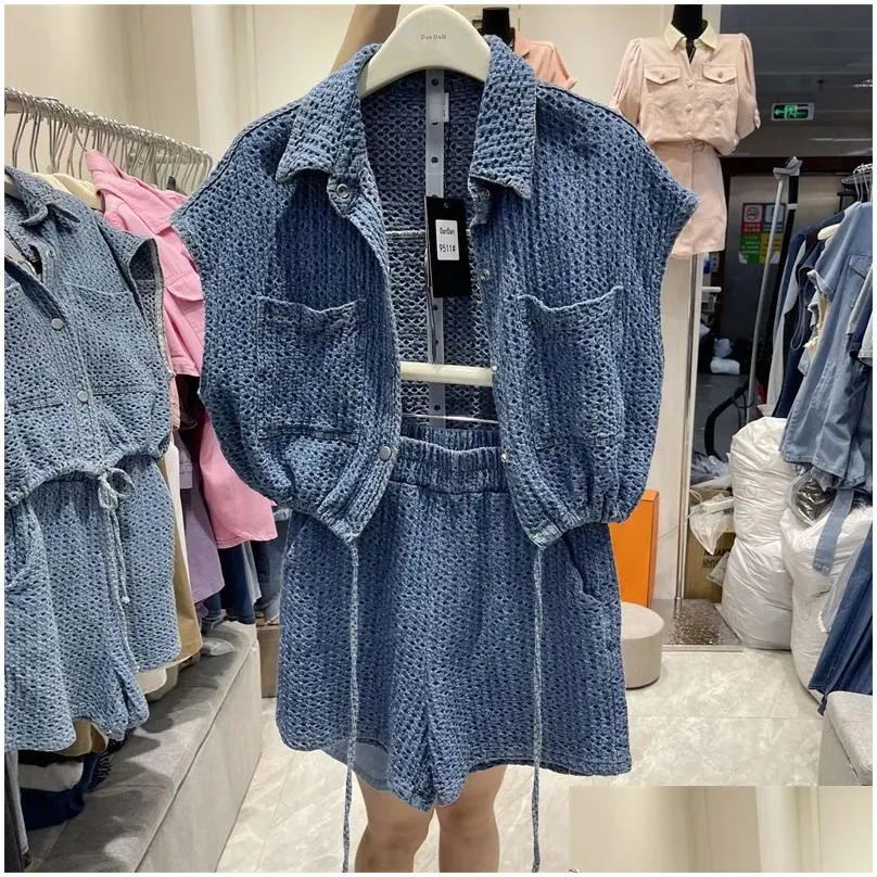 Women`S Two Piece Pants Womens Summer Twopiece Suit Solid Color Singlebreasted Short Denim Vest Elastic High Waist Shorts 2 Set 23060 Dhn5X