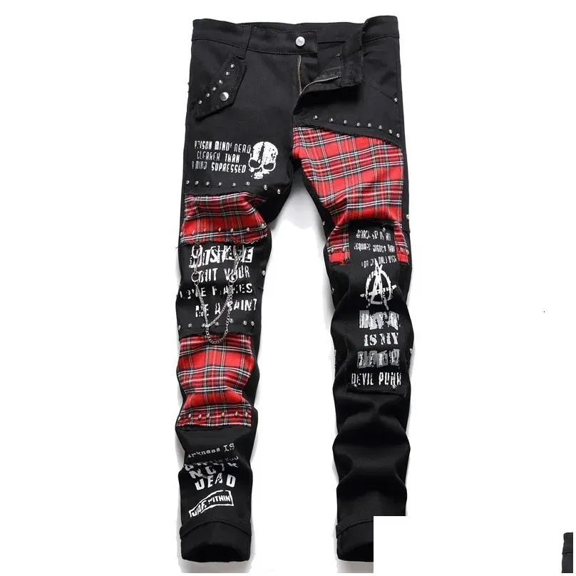 Men`S Jeans Mens Scotland Red Plaid Tartan Work Punk Rivet Black Denim Pants Skl Letters Printed Slim Straight Trousers 230606 Drop D Dh4Hy