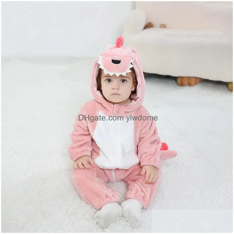 Rompers Kigurumis Lovely Dinosaur Baby Clothes Infant Boys Girls Cartoon Pajamas Onesie Romper Born Hooded Halloween Drop Delivery Dhtb6