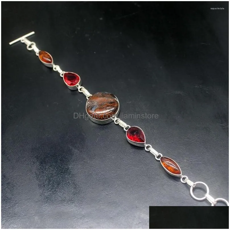 Chain Link Bracelets Sea Sent Baltic Amber Red Garnet Sier Color Charms Links For Women 7.75 Inch Drop Delivery Jewelry Dhqyh