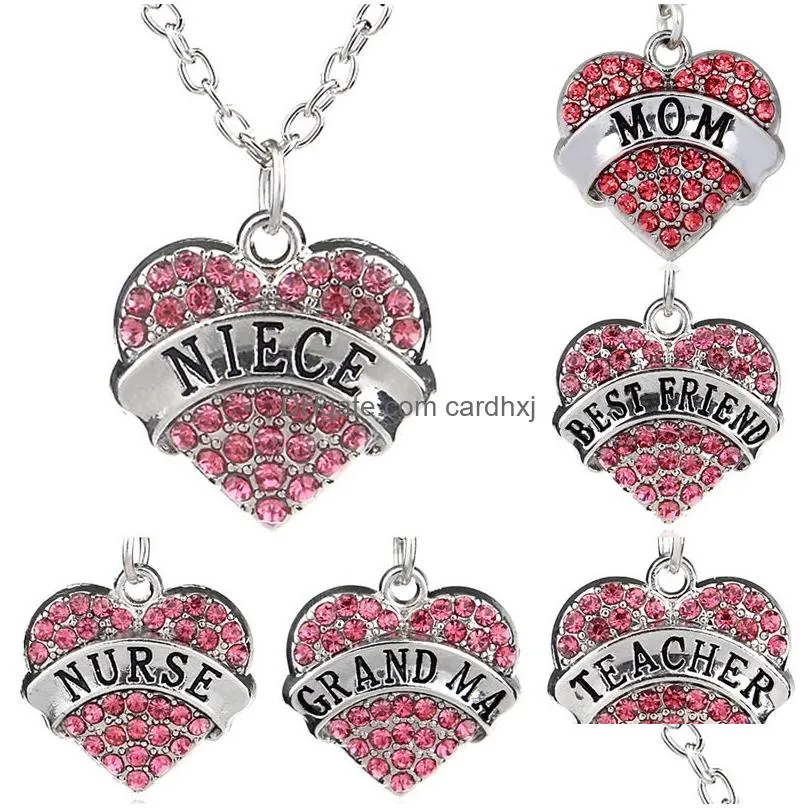 Pendant Necklaces High Quality Crystal Diamond Heart White Blue Red Rhinestones Necklace For Women Fashion Family Letter Jewelry Drop Dhpe3