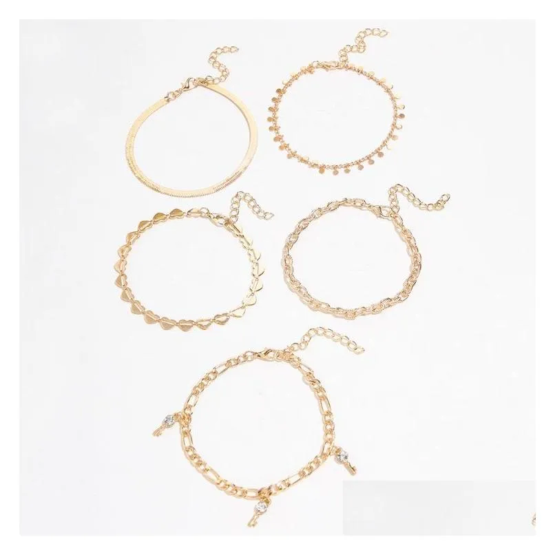 Anklets Punk Hollow Love Disc Snake-Shaped Chain With Rhinestones Anklet Key Tassel 5 Pieces Set Of Foot Jewelry Drop Delivery Dhvlv