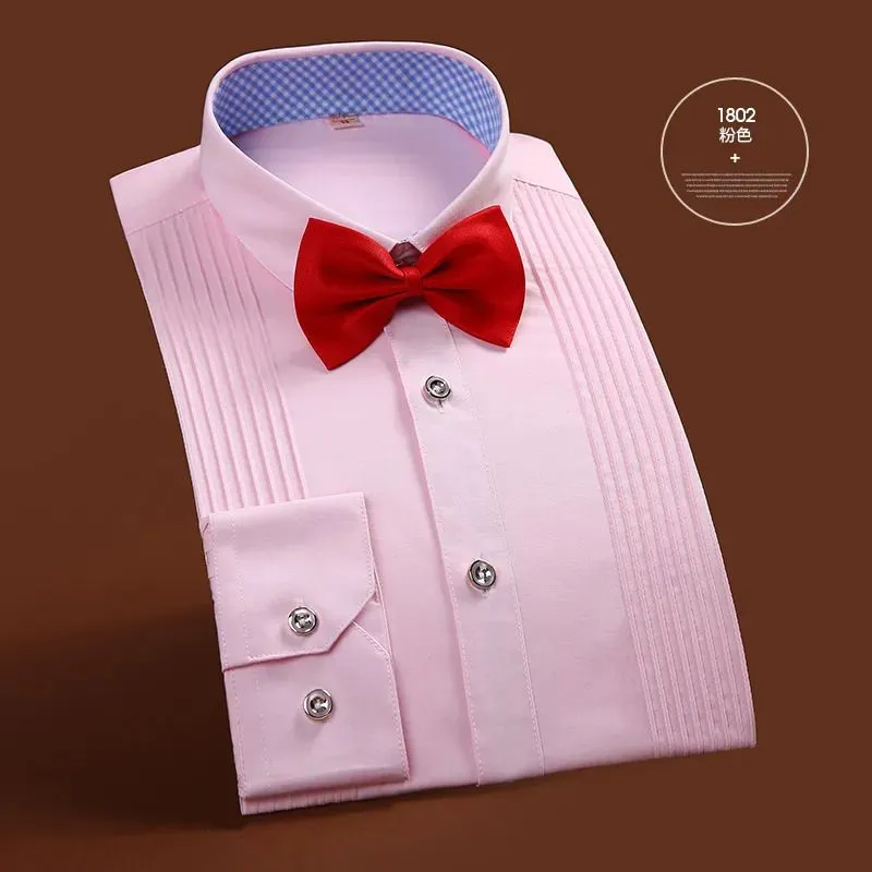 Men`s Dress Shirts men Tuxedo shirts slim fit long sleeve solid multiple colors wedding brideroom formal tops bow tie included y230927