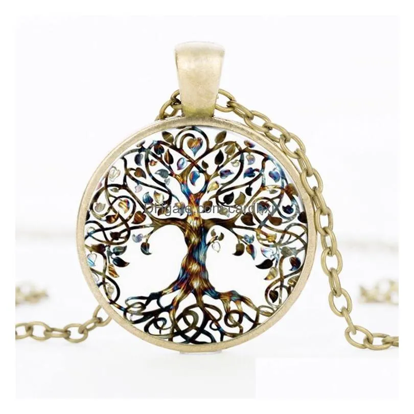 Pendant Necklaces Fashion Tree Of Life Time Gem Cabochon Glass Charm Sier Black Bronze Link Chain For Women Men S Luxury Jewelry Drop Dhkbq