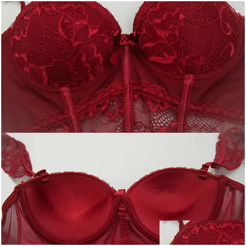 Sexy Bra Set Erotic Lingerie Women`s Underwear Bra Sets And Panty Seamles Push Up Red Lace Bralette Set Lingeries T200602