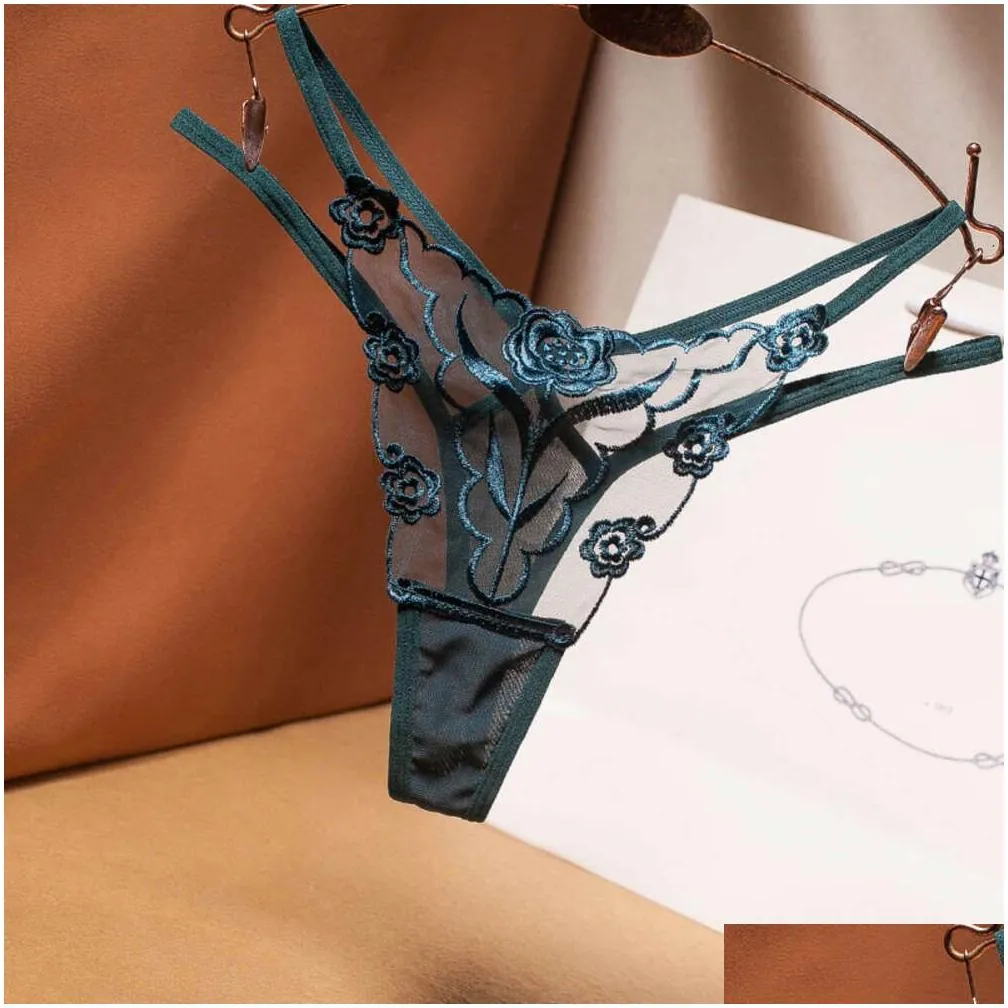 Sexy Embroidered Women`s Thong Transparent Gauze Ribbons Seductive Seamless Underwear Women Hot Pants