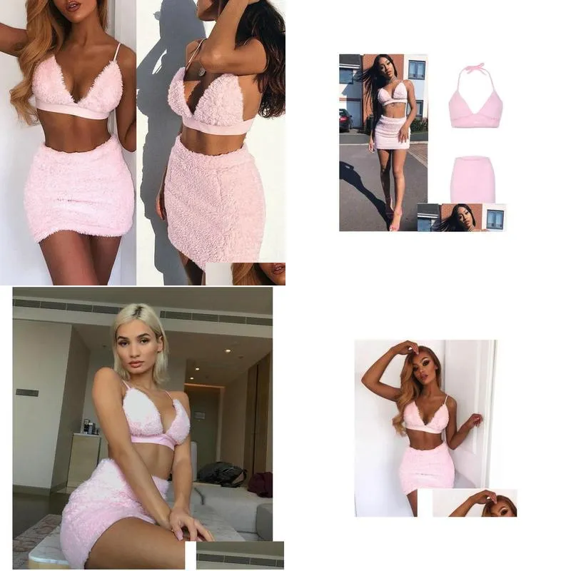 Tops Women Sexy Skirt Outfits Halter VNeck Laceup Backless Bralette Crop Top Bra Mini Skirts Sets Plush Two Piece Dress Set