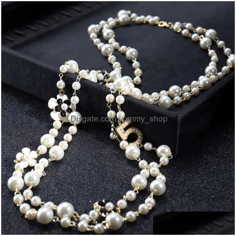 women long chains layered pearl beaded necklace collares de moda number 5 flower party jewelry