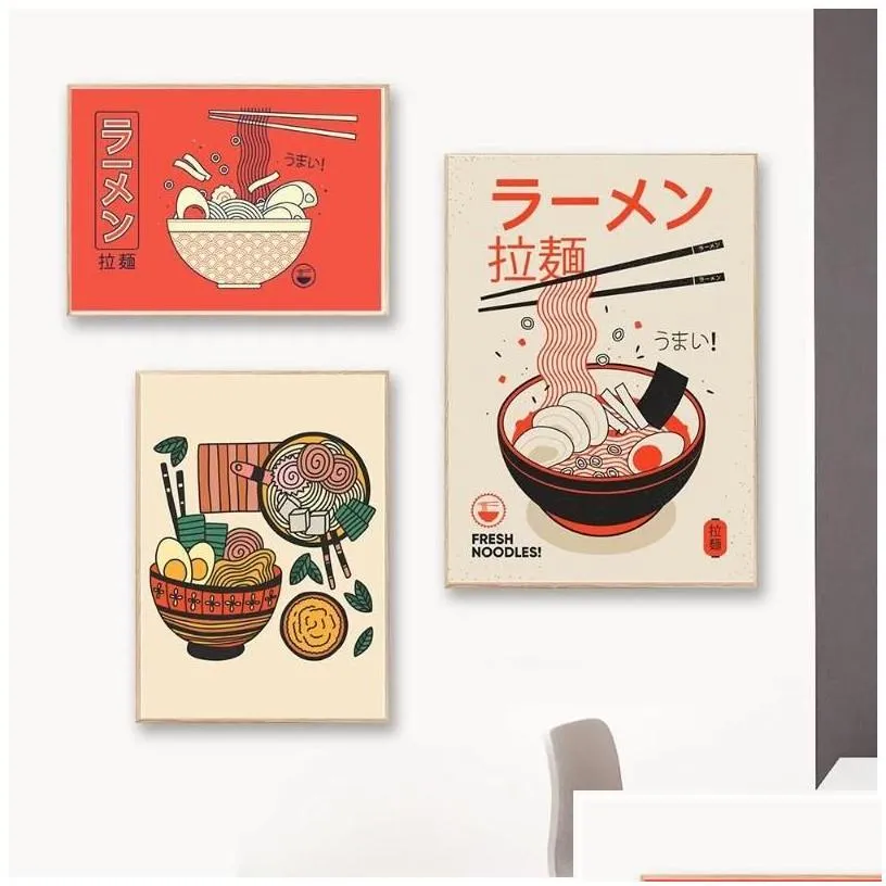 Paintings Ramen Noodles With Eggs Canvas Poster Japanese Vintage Sushi Food Painting Retro Kitchen Restaurant Wall Art Decoration Dr