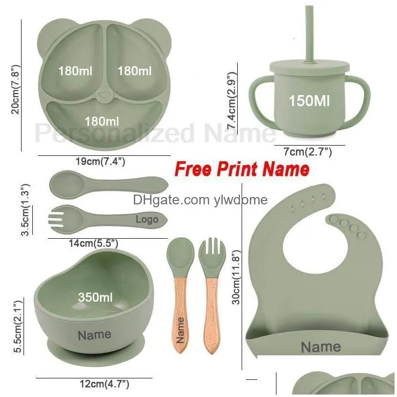 Cups, Dishes & Utensils Cups Feeding Set Sile For Baby Sucker Bowl Plate Kids Bear Tableware Childrens Cup With St 8Pcs Drop Delivery Dhweo