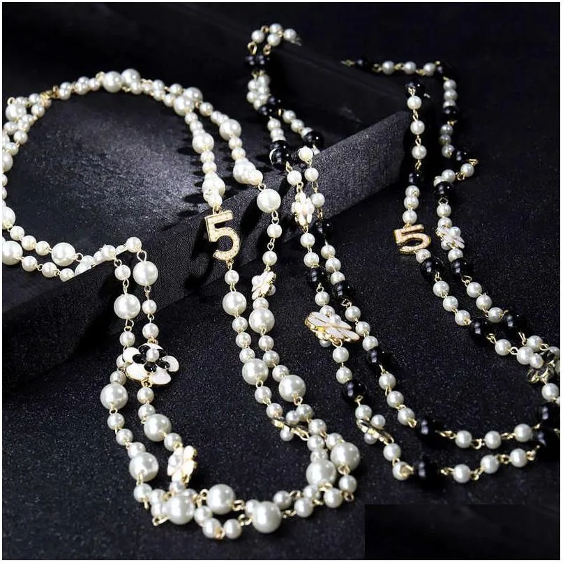 women long chains layered pearl beaded necklace collares de moda number 5 flower party jewelry