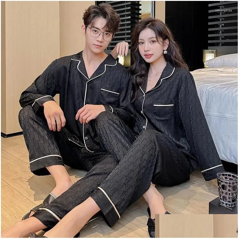Women`s Sleepwear Jxgarb Autumn Fashion Ice-silk Women Men Couples Pajamas Sets Leisure Female Male Lovers Printed Satin Pijamas