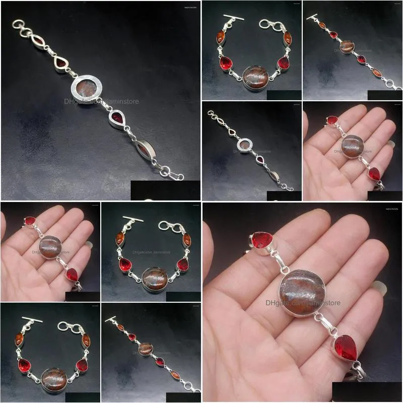 Chain Link Bracelets Sea Sent Baltic Amber Red Garnet Sier Color Charms Links For Women 7.75 Inch Drop Delivery Jewelry Dhqyh