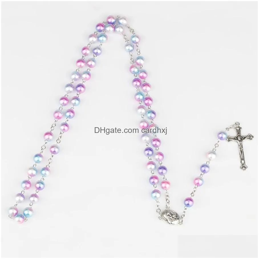 Pendant Necklaces 12 Colors Relin Rosary Necklace For Women Christian Virgin Mary Jesus Cross Long Beads Chains Fashion Jewelry Gift D Dhi5J