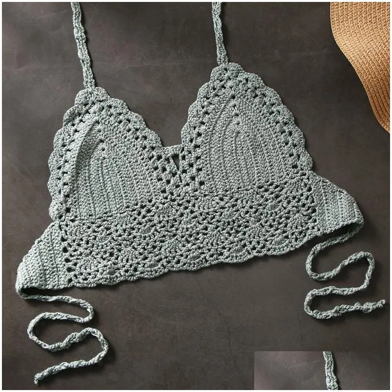 Sexy Women Bikini Crop Top Crochet Boho Beach Bralette Halter Cami Knitted Bra Tank Backless Summer Holiday Beachwear Camisoles & Tanks Underwear Swimsuit