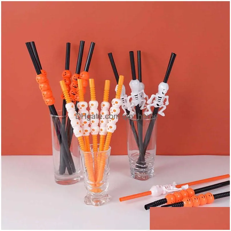  5pcs halloween skull pumpkin plastic straws happy halloween party home bar decoration prop kids cocktail drinking straw supplies