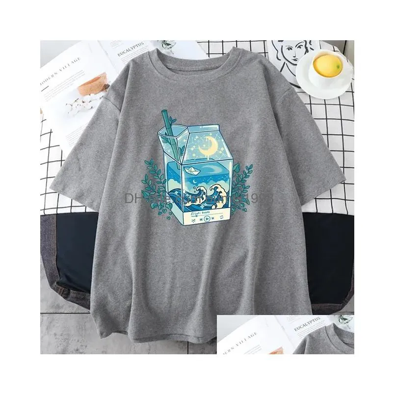 Men`S Casual Shirts Milk Box Molight Waves Prints Man Cott Clothing Creativity Crewneck T-Shirts All-Math Breathable Mens Short Sleev Dhnap
