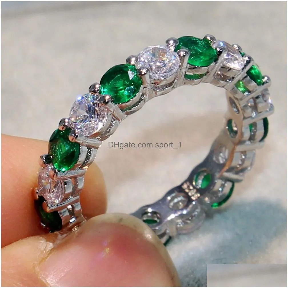 2018 sparkling brand luxury jewelry 925 sterling silver round cut emerald zirconia women wedding band circle ring gift