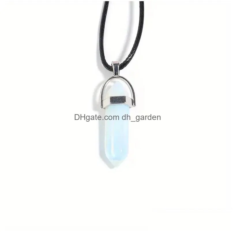 Pendant Necklaces Natural Stone Crystal Necklace Pu Leather Rope Couple Gift Lucky Hexagon Pillar For Men Drop Delivery Jewel Dhgarden Dhpur