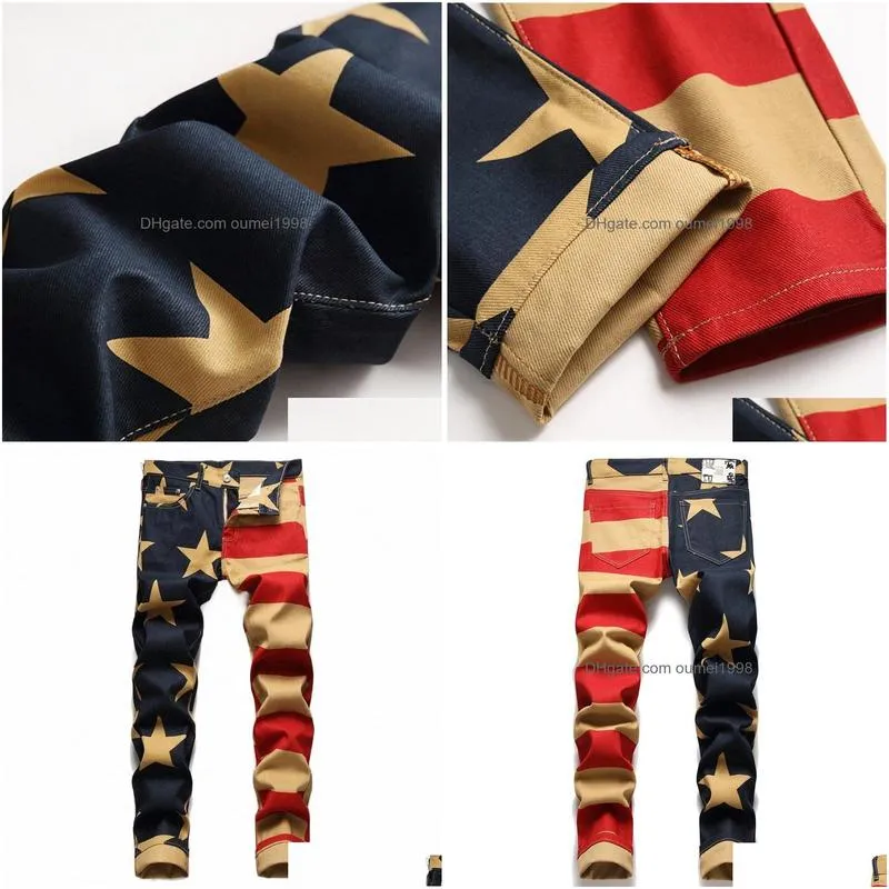 Men`S Jeans Men American Flag Print Fi Stripe Stars Digital Printed Paint Denim Pants Slim Stretch Pencil Trousers 29Pw Drop Delivery Dh3Gr