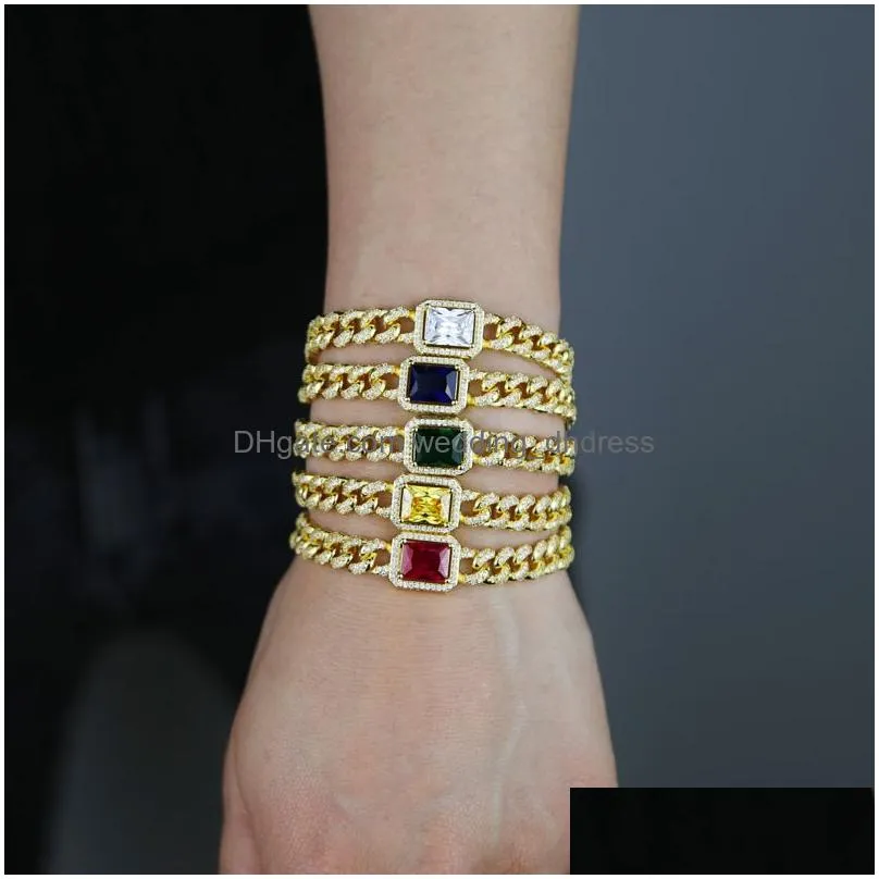 rectangle colorful cubic zirconia paved charm cuban chain bracelet for women men hip hop jewelry with gold plated drop ship