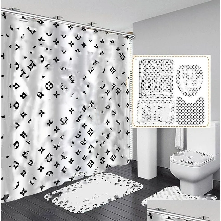 three-piece Cool Print Shower Curtains Sets High-grade Must Set Bathroom Anti-peeping Non-slip Deodorant Bath Toilet Mats