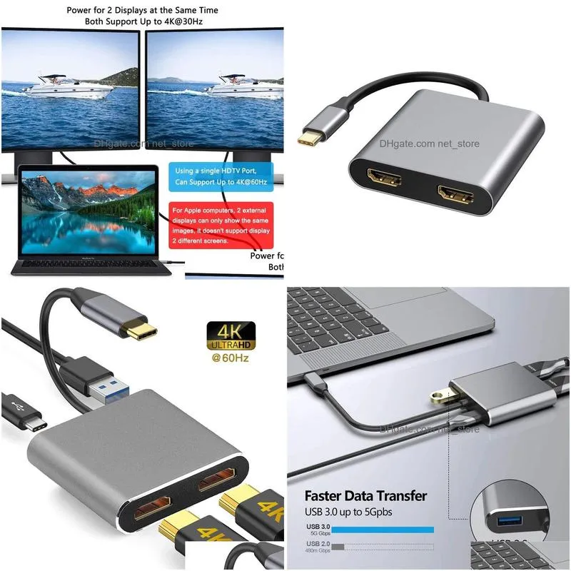 usb-c to 2xhdtv usb3.0 type c 4 in 1 adapter high speed 4k 60hz resolution support for macbook tablet