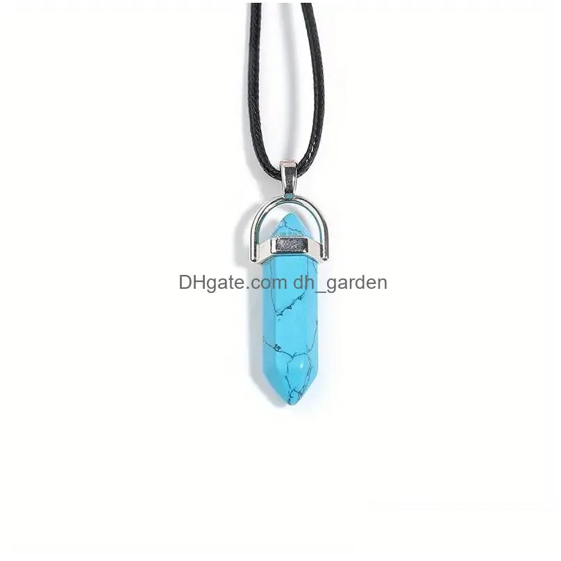 Pendant Necklaces Natural Stone Crystal Necklace Pu Leather Rope Couple Gift Lucky Hexagon Pillar For Men Drop Delivery Jewel Dhgarden Dhpur