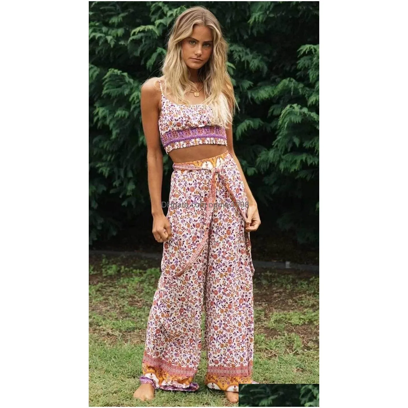 Women`S Two Piece Pants Inspired Women Outfits Strap Sleeveless Tops Bohemian Sashes Dstring 2 Pieces Rayon Cotton Sets 210412 Drop D Dhsdr