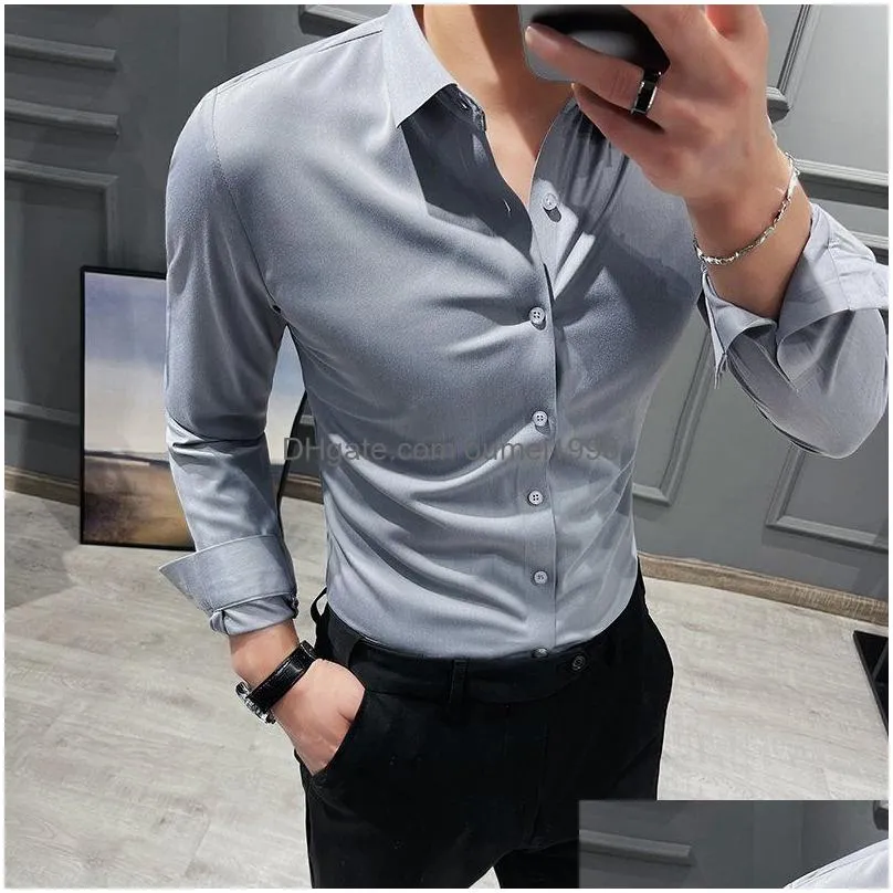 Men`S Dress Shirts 2022 New Solid No Trace Slim Fit Men Lg Sleeve Busin Casual Formal Dr Luxury Social Club Party Shirt Homme 53Ih Dr Dhgwv