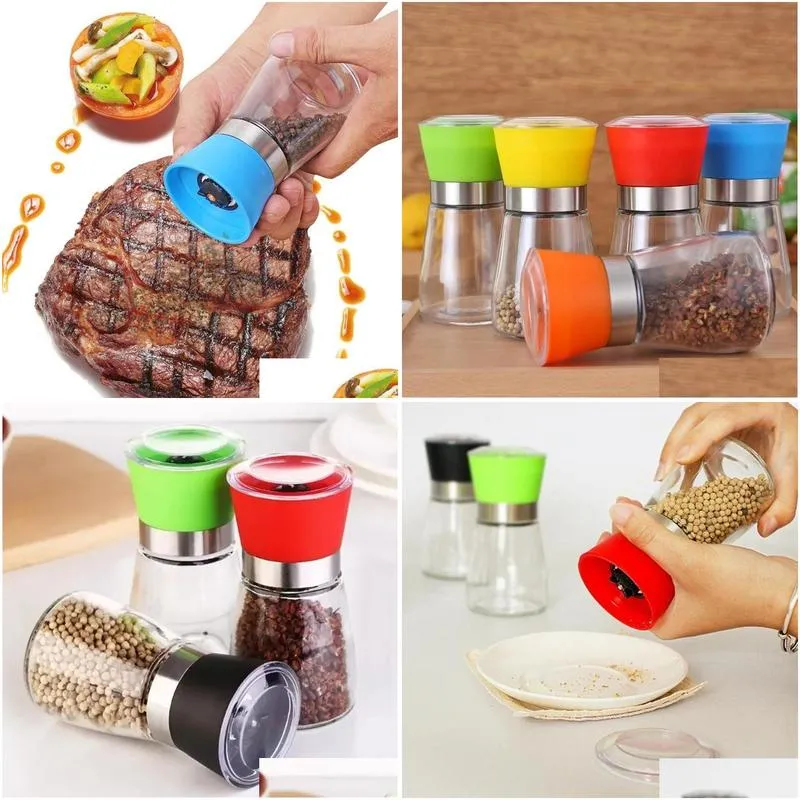 Mills Kitchen Tools Pepper Grinder Mill Glass Round Bottle Salt Herb Spice Hand Manual Cooking Bbq Seasoning Drop Delivery Home Garden Dhzcp