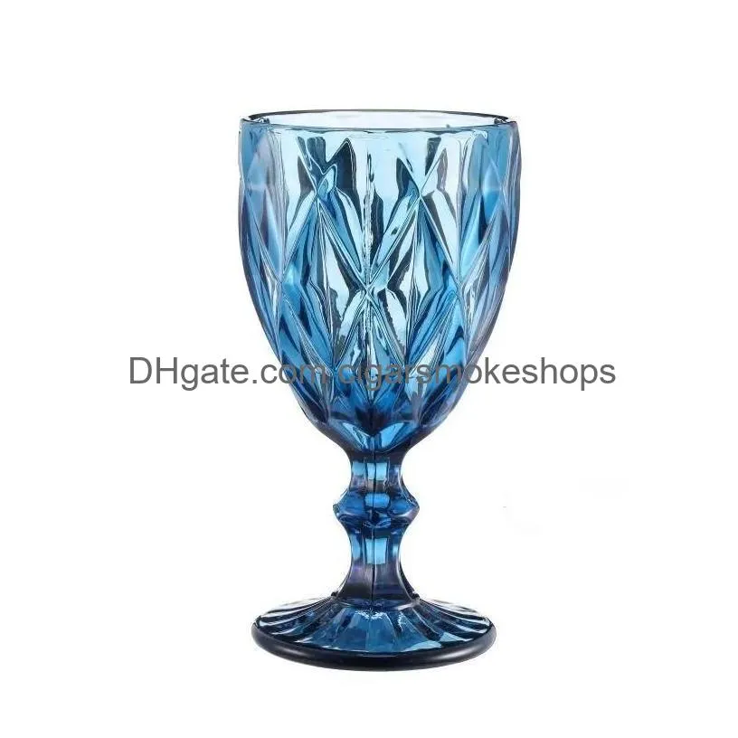 Wine Glasses 10Oz Colored Glass Goblet With Stem 300Ml Vintage Pattern Embossed Romantic Drinkware Drop Delivery Home Garden Kitchen, Dh7Za
