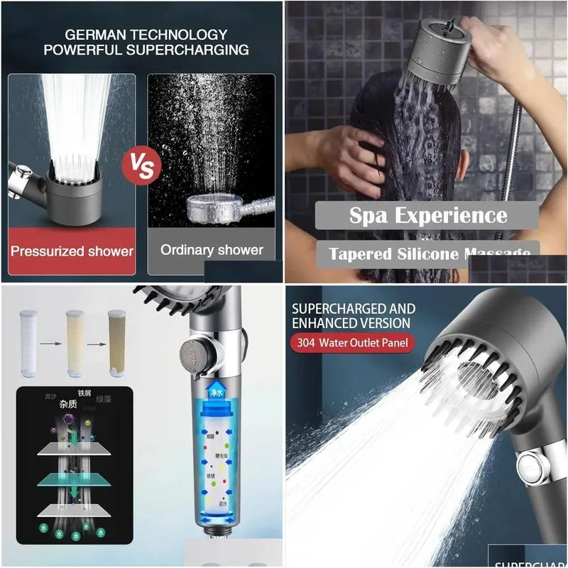 3 Modes High Pressure Shower Head Filter Rainfall Massage Spa Pressurized Shower One-Key Stop Spray Nozzle Bathroom Accessories