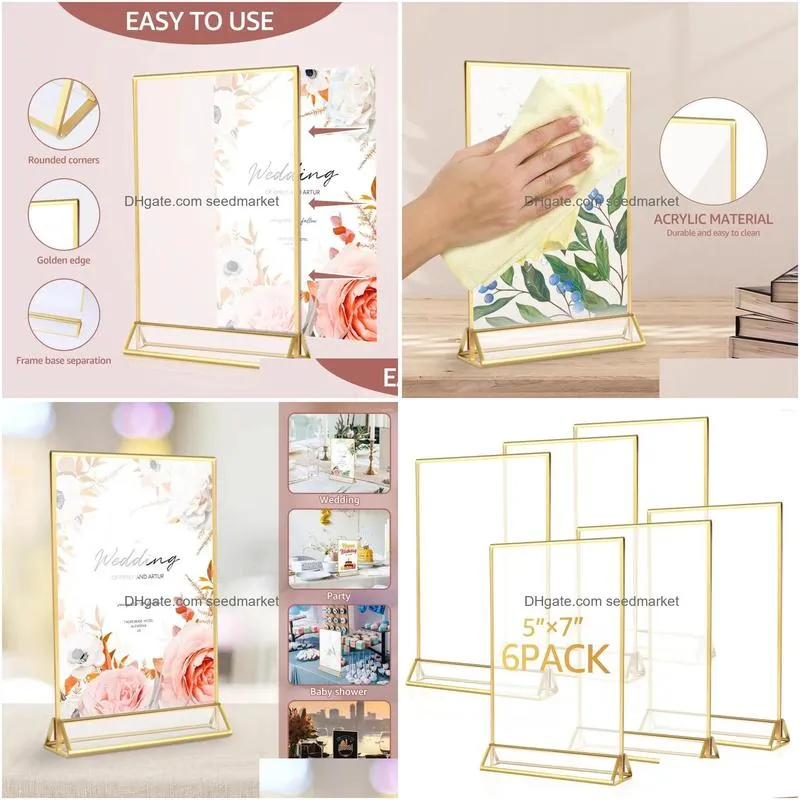 frames 6pcs acrylic sign holder clear double-side display stand gold border table flyer 4 x 6inch/5x7inch multipurpose menu