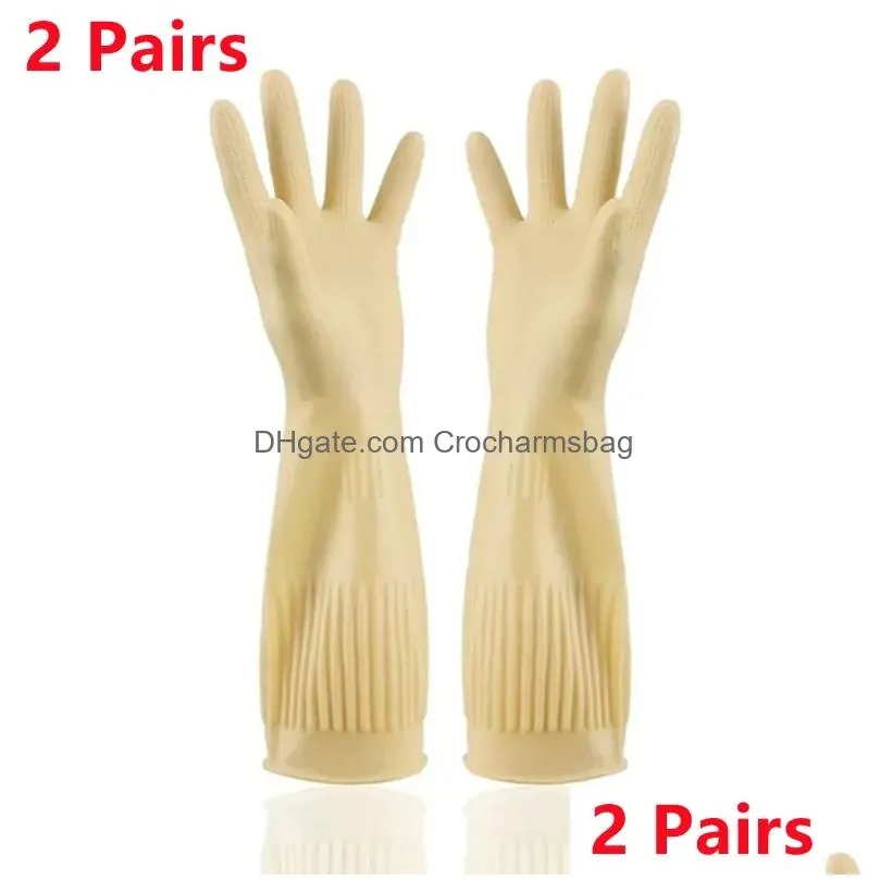 Cleaning Gloves 2Pairs Reusable Rubber Household Dishwashing Latex Waterproof Nonslip Kitchen Gardening Bathroom Drop Delivery Home Ga Dhkc6