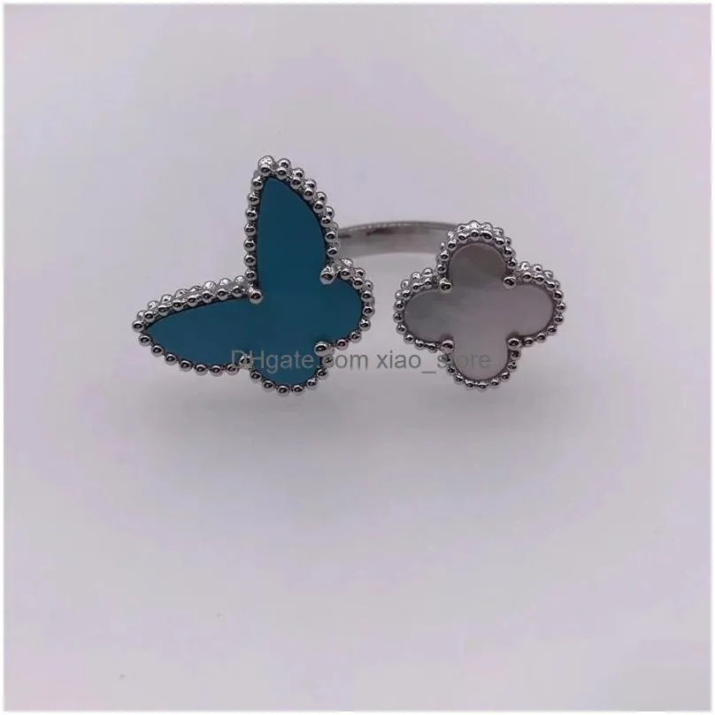 brand luxury love sweet clover butterfly designer band rings for women mother of pearl blue limited edition cute charm elegant ring wedding jewelry nice