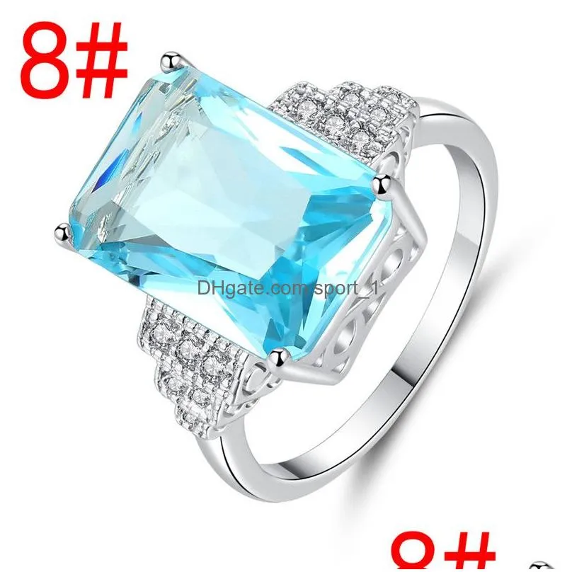 fashion female big water blue stone ring cute silver color crystal zircon ring promise engagement rings for women