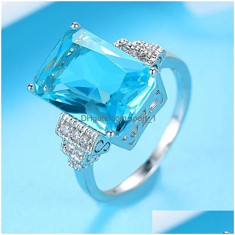 fashion female big water blue stone ring cute silver color crystal zircon ring promise engagement rings for women