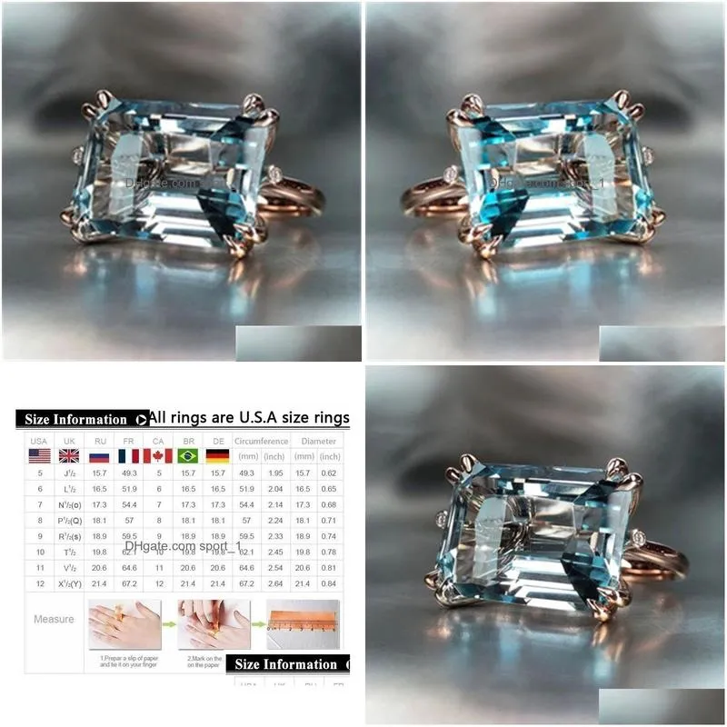 4 claw sky blue band ring for women romantic rose gold color horizontal rectangular shape fashion girl rings