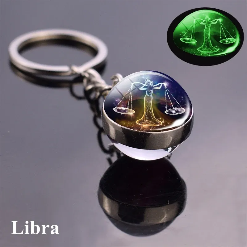 12 Constellation Luminous Keychain Glass Ball Pendant Zodiac Keychain Glow In The Dark Key Chain Holder Men Women Birthday Gift