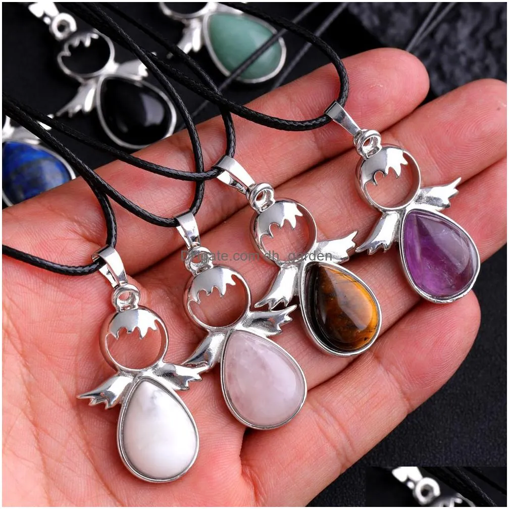 Charms Natural Stone Rose Quartz Tiger Eye Amethyst Angels Wings Pendant For Jewelry Making Keychain Necklace Accessorie Dro Dhgarden Dh3Tr