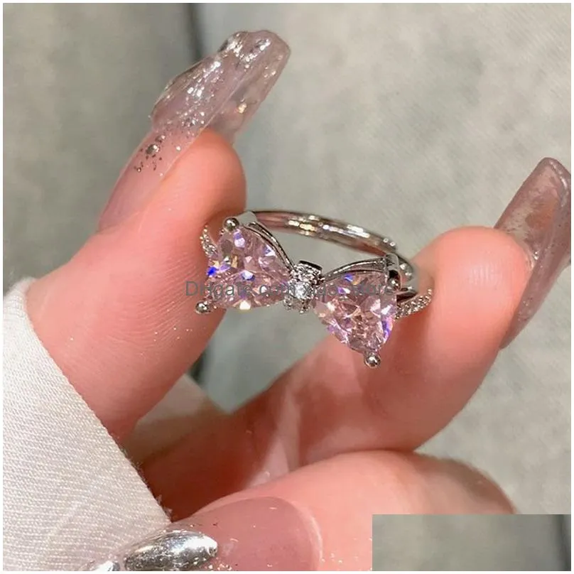 2024 spring summer cute pink bow butterfly rings for women girls sweet bowknot charm crystal cz zircon diamond luxury designer chinese nail finger ring