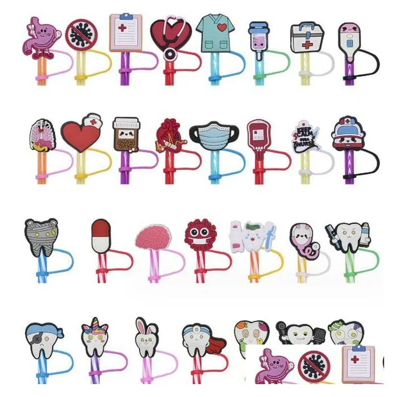 cartoon doctor tool straws toppers cap party straws decoration charms pvc drink straws protection cover