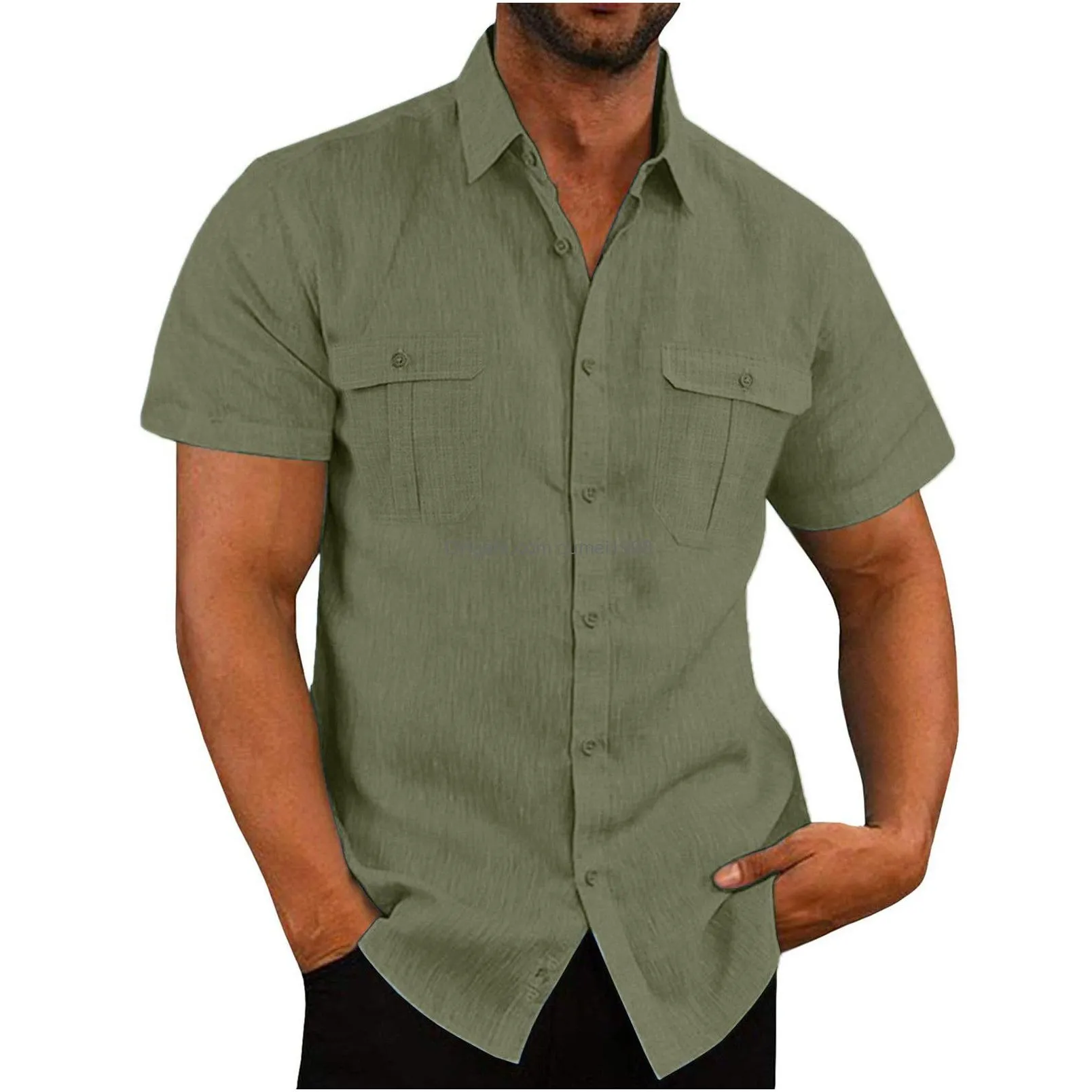 Men`S Casual Shirts Brand New Cott Linen Mensshort-Sleeved Summer Solid Color Turn-Down Collar T-Shirt Shirt Male Breathable 12Uq Dro Dhho8
