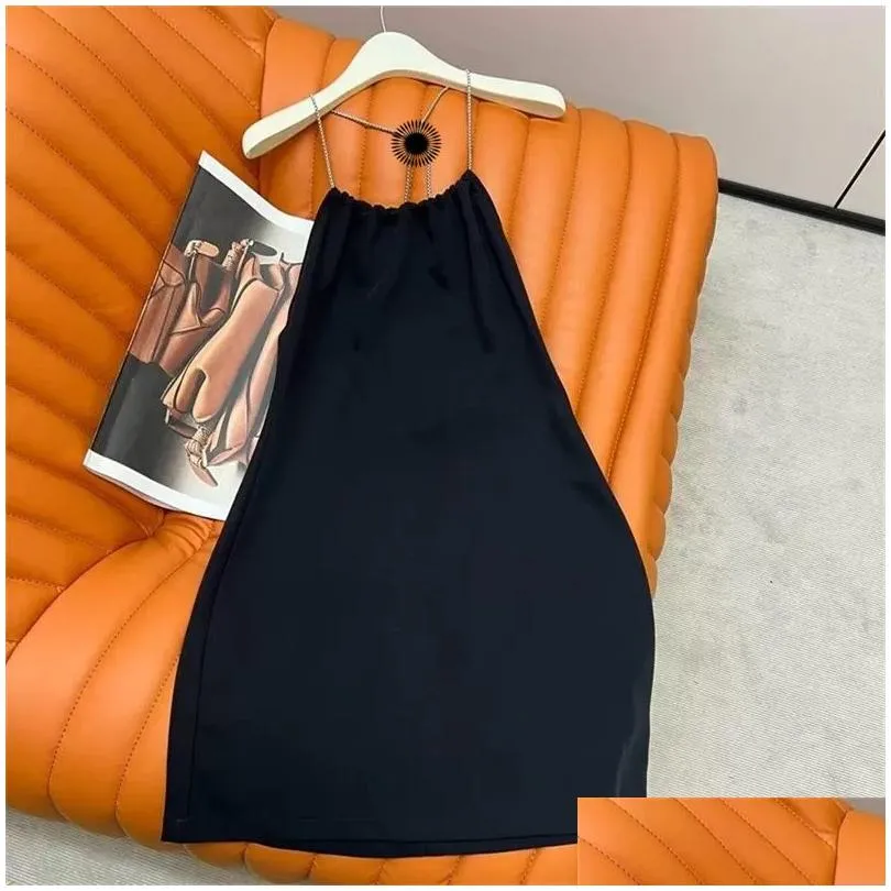Backless Slip Dresses Triangle Label Bead Chain Sling Black Sexy Dress Slimming Off-the-shoulder Dress Skirt